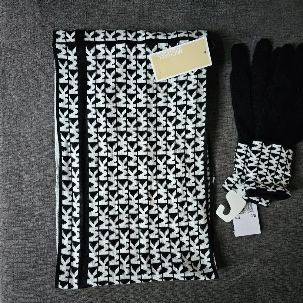Michael Kors 2 pc Black & White MK Logo monogram Knit Cuffed Gloves & Scarf set